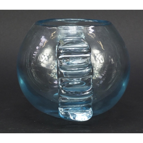 589 - Powell spherical glass vase with applied ribbed lug handles, 12.5cm high