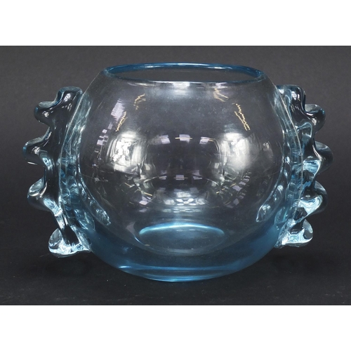 589 - Powell spherical glass vase with applied ribbed lug handles, 12.5cm high