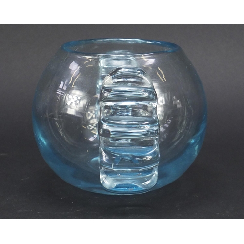 589 - Powell spherical glass vase with applied ribbed lug handles, 12.5cm high