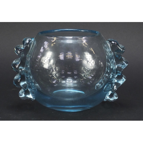 589 - Powell spherical glass vase with applied ribbed lug handles, 12.5cm high