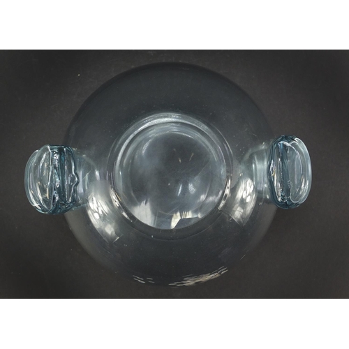 589 - Powell spherical glass vase with applied ribbed lug handles, 12.5cm high