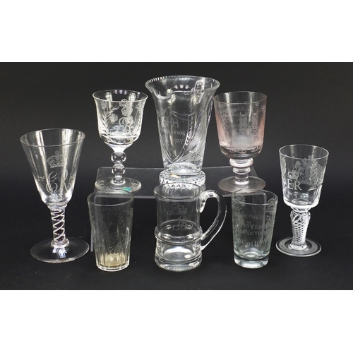 750 - Commemorative glassware including a good Edward VIII Coronation etched jug, Edward VIII Coronation e... 