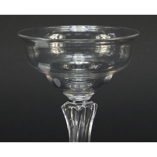 385 - 18th century glass sweetmeat dish with ogee bowl, inverted rim, eight sided moulded pedestal stem be... 