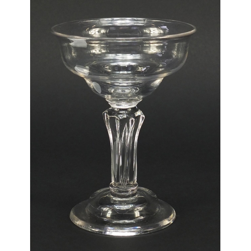 385 - 18th century glass sweetmeat dish with ogee bowl, inverted rim, eight sided moulded pedestal stem be... 