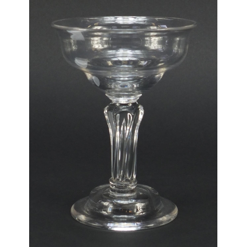 385 - 18th century glass sweetmeat dish with ogee bowl, inverted rim, eight sided moulded pedestal stem be... 