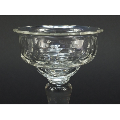 386 - 19th century glass sweetmeat dish with inverted baluster dentated rim and domed foot, 14.5cm high