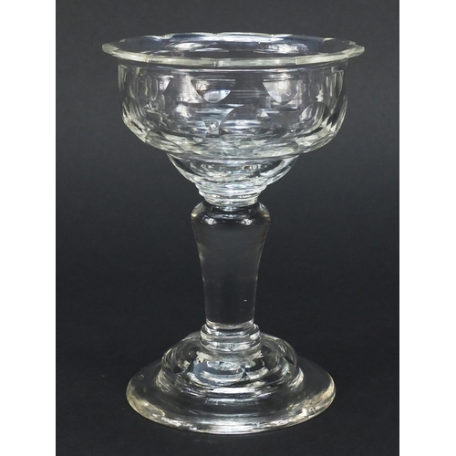 386 - 19th century glass sweetmeat dish with inverted baluster dentated rim and domed foot, 14.5cm high