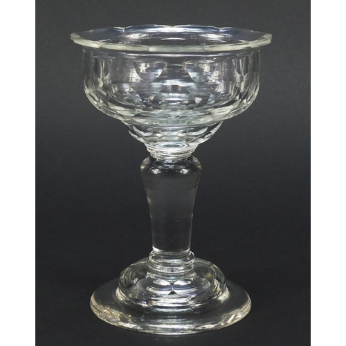 386 - 19th century glass sweetmeat dish with inverted baluster dentated rim and domed foot, 14.5cm high