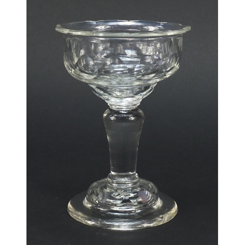 386 - 19th century glass sweetmeat dish with inverted baluster dentated rim and domed foot, 14.5cm high