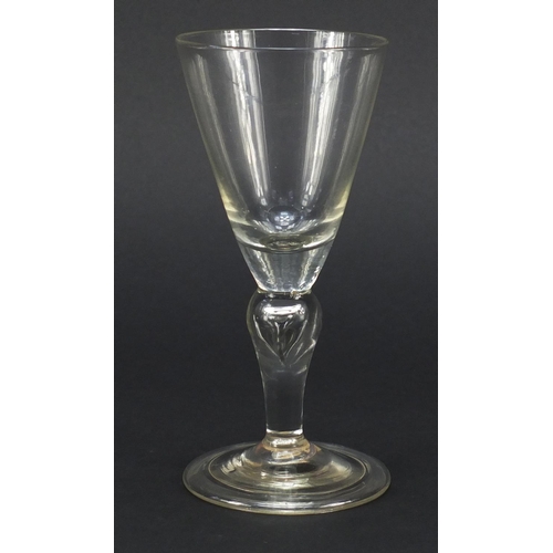 328 - Early 18th century baluster wine glass with trumpet bowl and teared inverted folded foot, Churchill ... 
