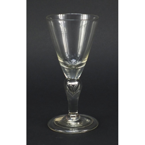 328 - Early 18th century baluster wine glass with trumpet bowl and teared inverted folded foot, Churchill ... 