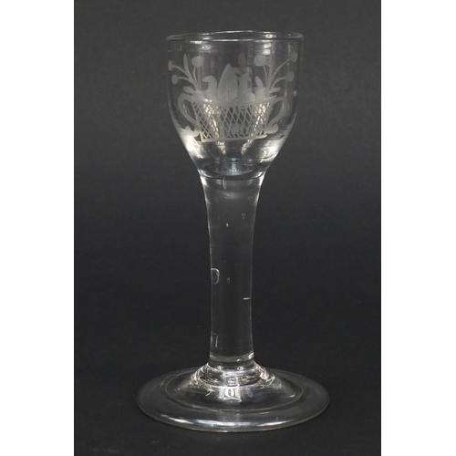 327 - 18th century cordial wine glass with etched bowl and folded foot, 13.5cm high