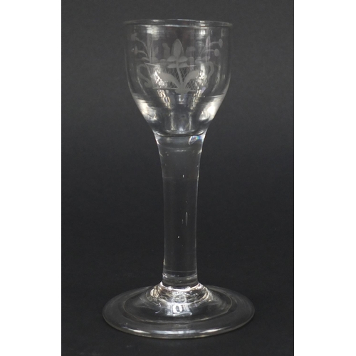 327 - 18th century cordial wine glass with etched bowl and folded foot, 13.5cm high