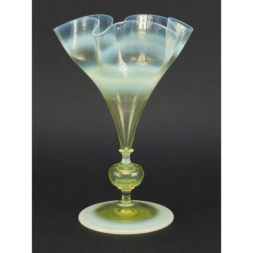 586 - Whitefriars Venetian inspired straw opal glass vase with knopped stem and thrown rim, probably desig... 