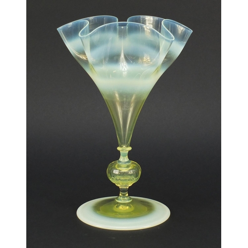 586 - Whitefriars Venetian inspired straw opal glass vase with knopped stem and thrown rim, probably desig... 