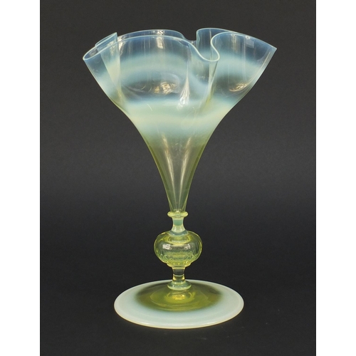 586 - Whitefriars Venetian inspired straw opal glass vase with knopped stem and thrown rim, probably desig... 