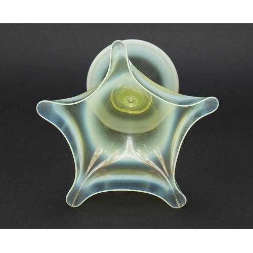 586 - Whitefriars Venetian inspired straw opal glass vase with knopped stem and thrown rim, probably desig... 