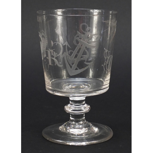 457 - George III commemorative glass rummer of bucket shape with engraved bowl and blade knop, 13cm high