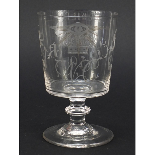 457 - George III commemorative glass rummer of bucket shape with engraved bowl and blade knop, 13cm high