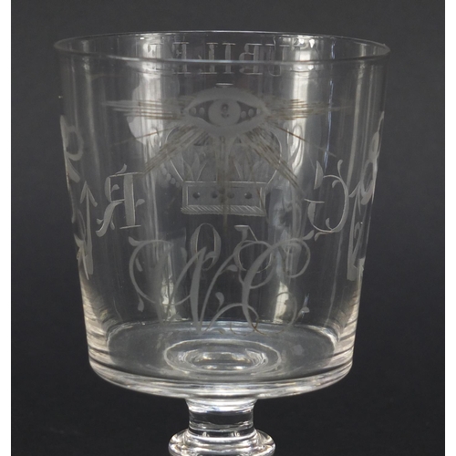 457 - George III commemorative glass rummer of bucket shape with engraved bowl and blade knop, 13cm high