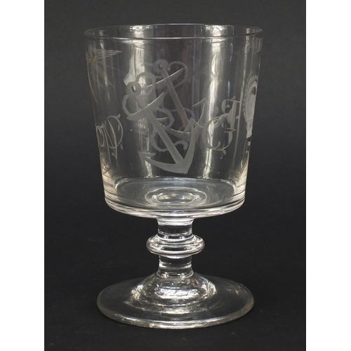 457 - George III commemorative glass rummer of bucket shape with engraved bowl and blade knop, 13cm high