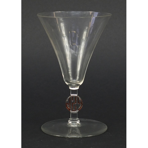 165 - René Lalique monogrammed wine glass, etched R Lalique to the base, 13cm high