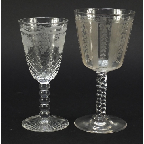 558 - Six 19th century antique wine glasses including one finely engraved with exotic birds and trees and ... 