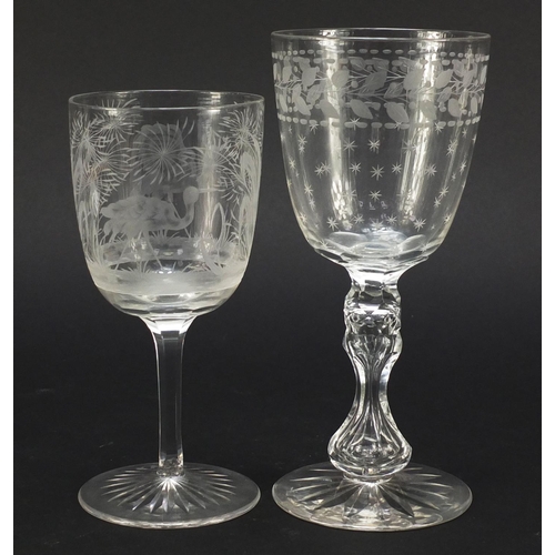 558 - Six 19th century antique wine glasses including one finely engraved with exotic birds and trees and ... 