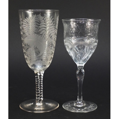 558 - Six 19th century antique wine glasses including one finely engraved with exotic birds and trees and ... 