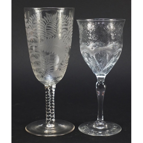 558 - Six 19th century antique wine glasses including one finely engraved with exotic birds and trees and ... 