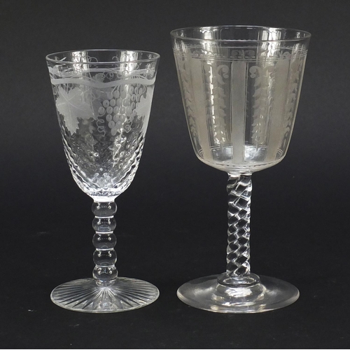 558 - Six 19th century antique wine glasses including one finely engraved with exotic birds and trees and ... 