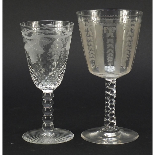 558 - Six 19th century antique wine glasses including one finely engraved with exotic birds and trees and ... 