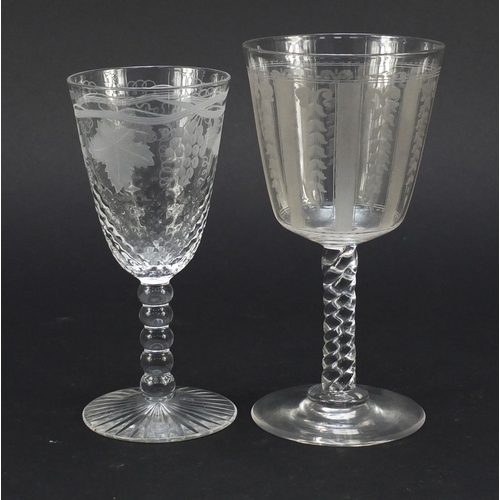 558 - Six 19th century antique wine glasses including one finely engraved with exotic birds and trees and ... 