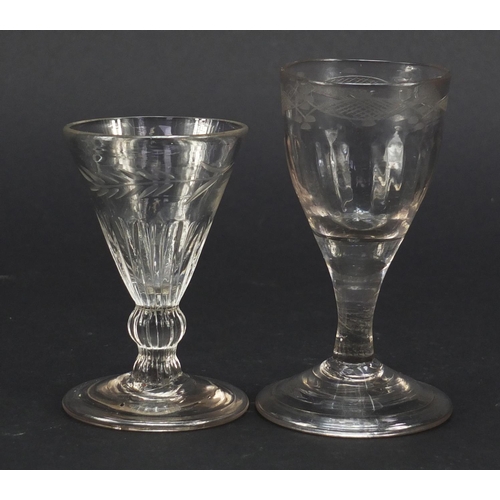 511 - 18th/19th century glassware including three jelly glasses, dram glass with oversewn moulded foot, sm... 