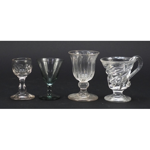 556 - 18th century and later glassware including a small Newcastle green wine glass with two ball knop, wi... 