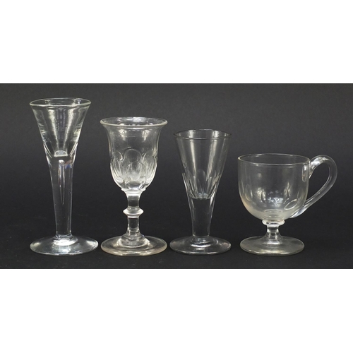 556 - 18th century and later glassware including a small Newcastle green wine glass with two ball knop, wi... 