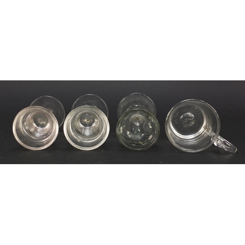 556 - 18th century and later glassware including a small Newcastle green wine glass with two ball knop, wi... 