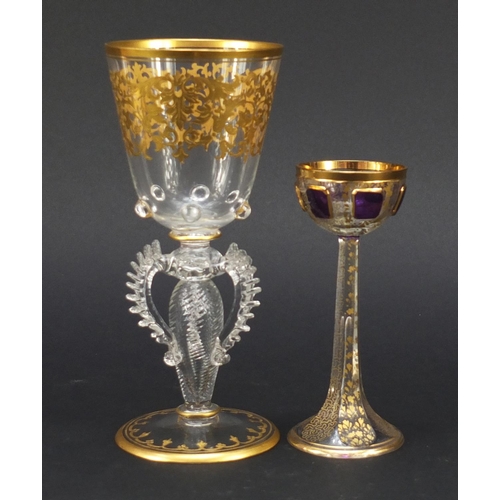 585 - Art Nouveau amethyst flashed gilded liqueur glass and Venetian glass goblet with winged twisted stem... 