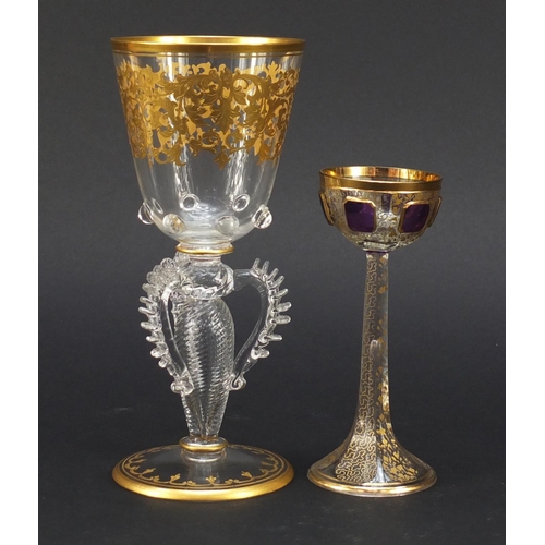 585 - Art Nouveau amethyst flashed gilded liqueur glass and Venetian glass goblet with winged twisted stem... 