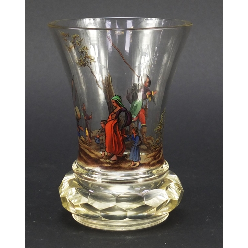 584 - 19th century Austrian glass beaker hand painted with figures in a forest, 14cm high