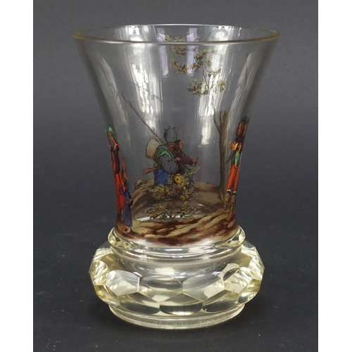 584 - 19th century Austrian glass beaker hand painted with figures in a forest, 14cm high