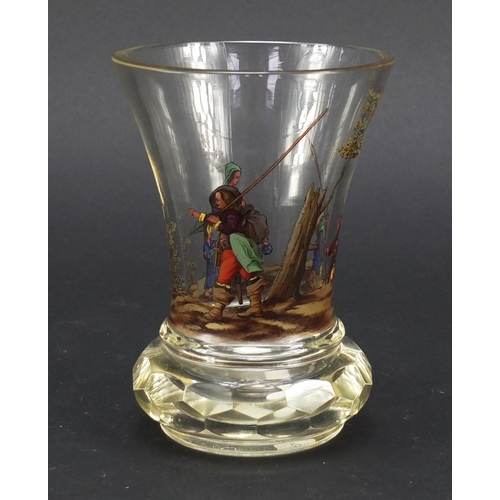 584 - 19th century Austrian glass beaker hand painted with figures in a forest, 14cm high