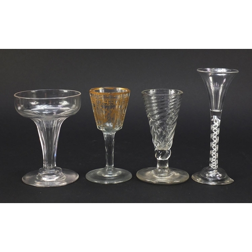 555 - 18th century and later glassware including a wine glass with double air twist stem, dwarf ale wine g... 