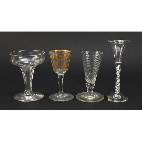 555 - 18th century and later glassware including a wine glass with double air twist stem, dwarf ale wine g... 