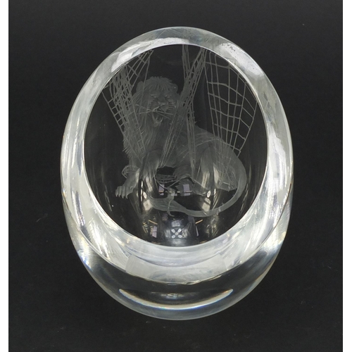 162 - Norman Orr Studio glass vase finely engraved with a lion and a mouse, engraved Orr/70 to the base, 1... 