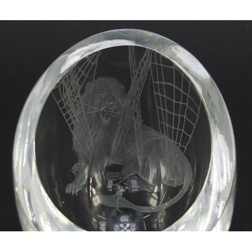 162 - Norman Orr Studio glass vase finely engraved with a lion and a mouse, engraved Orr/70 to the base, 1... 