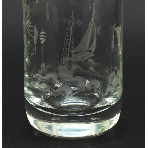 161 - Art Deco glass decanter engraved with a boat in water with birds, 25cm high