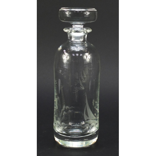 161 - Art Deco glass decanter engraved with a boat in water with birds, 25cm high