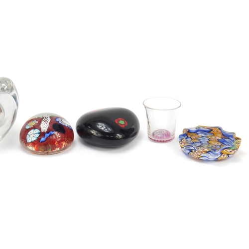 197 - Murano, Bohemian and Daum Nancy glassware including a Seguso vase, two paperweights and a millefiori... 