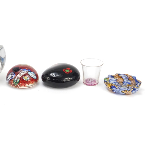 197 - Murano, Bohemian and Daum Nancy glassware including a Seguso vase, two paperweights and a millefiori... 